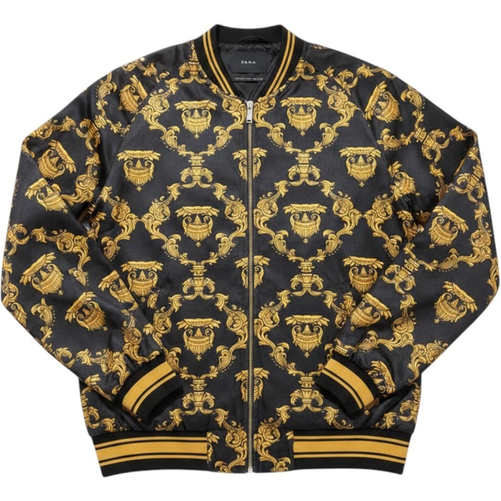Zara Black & Gold Baroque-Print Bomber Jacket